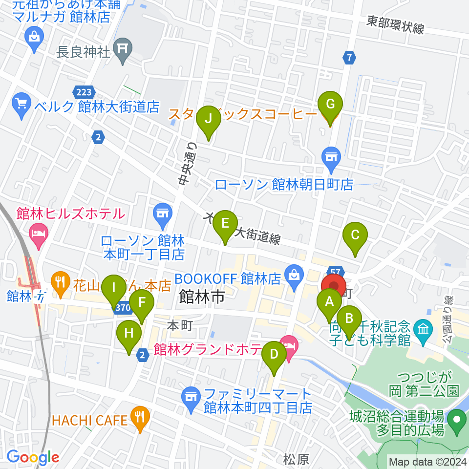 館林市文化会館周辺のカフェ一覧地図