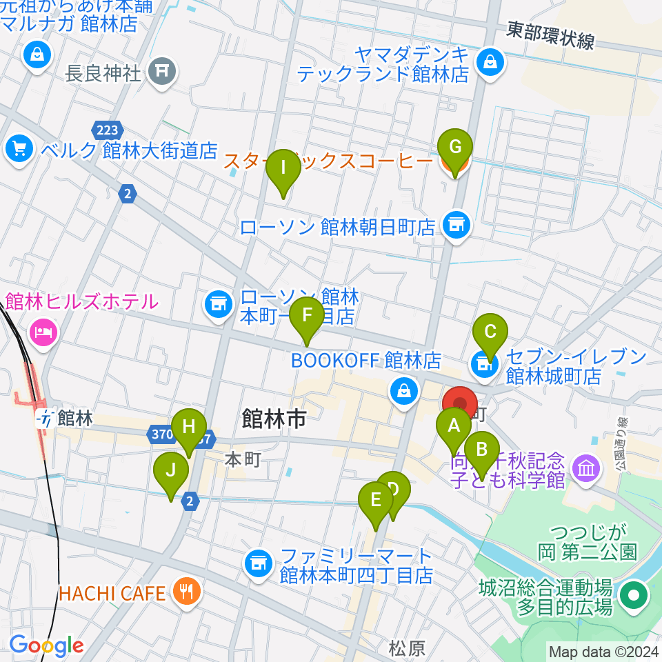 館林市文化会館周辺のカフェ一覧地図