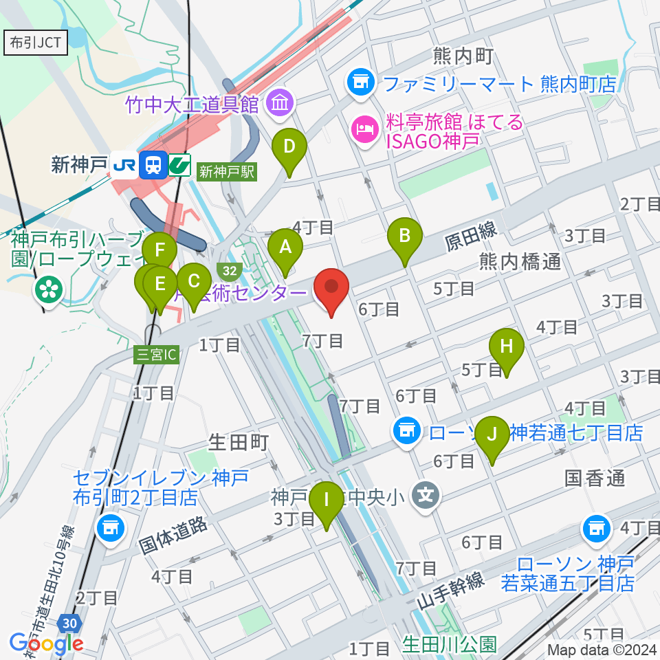 神戸芸術センター周辺のカフェ一覧地図