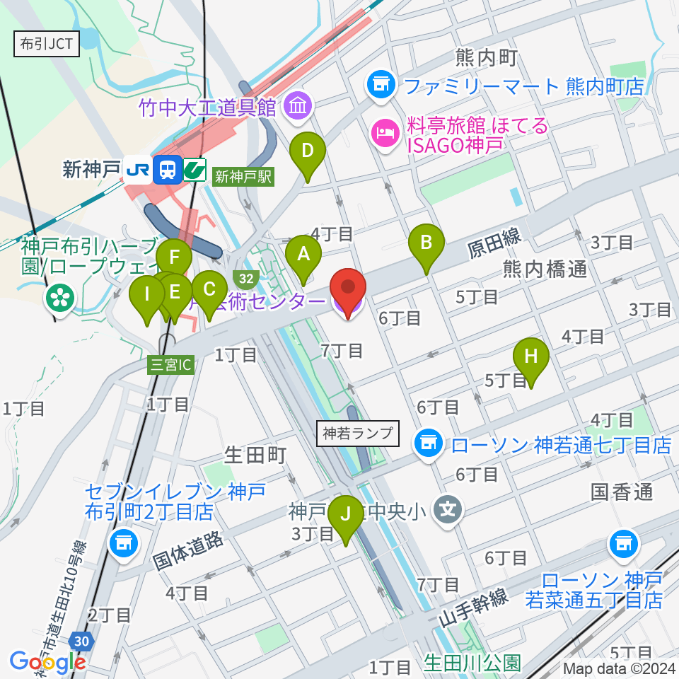 神戸芸術センター周辺のカフェ一覧地図