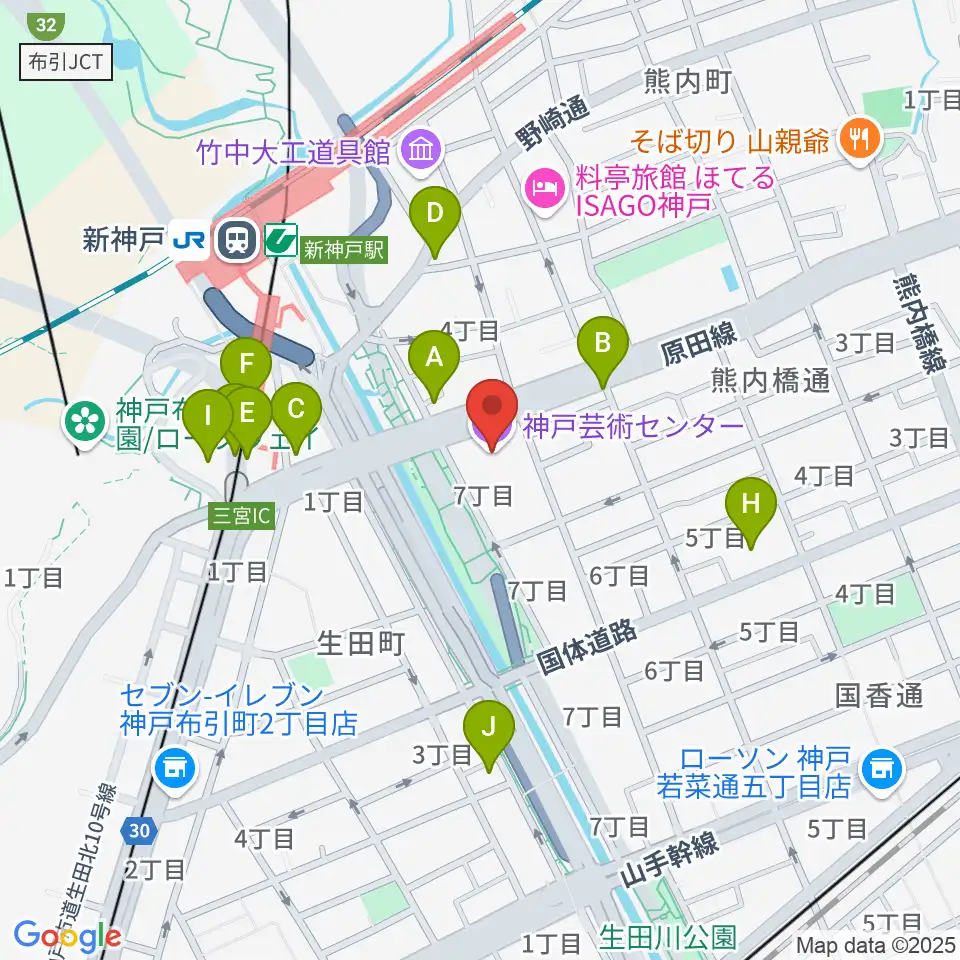 神戸芸術センター周辺のカフェ一覧地図