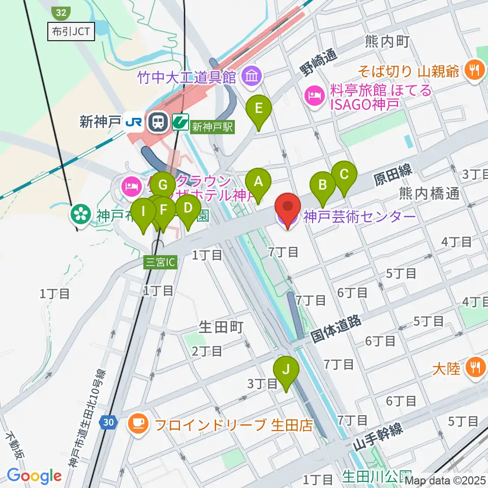神戸芸術センター周辺のカフェ一覧地図