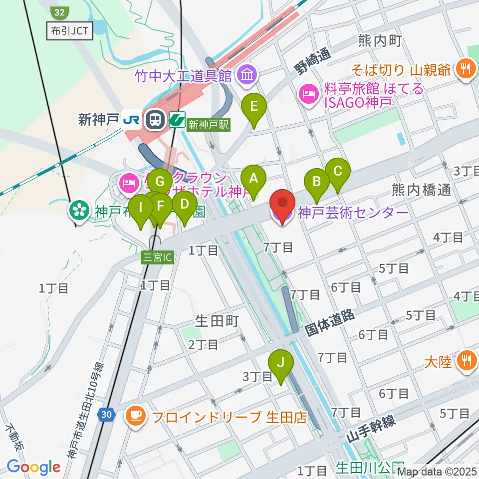 神戸芸術センター周辺のカフェ一覧地図
