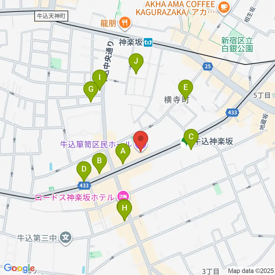 牛込箪笥区民ホール周辺のカフェ一覧地図