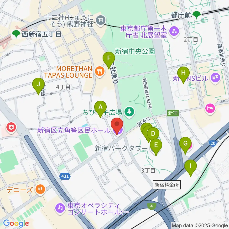 角筈区民ホール周辺のカフェ一覧地図