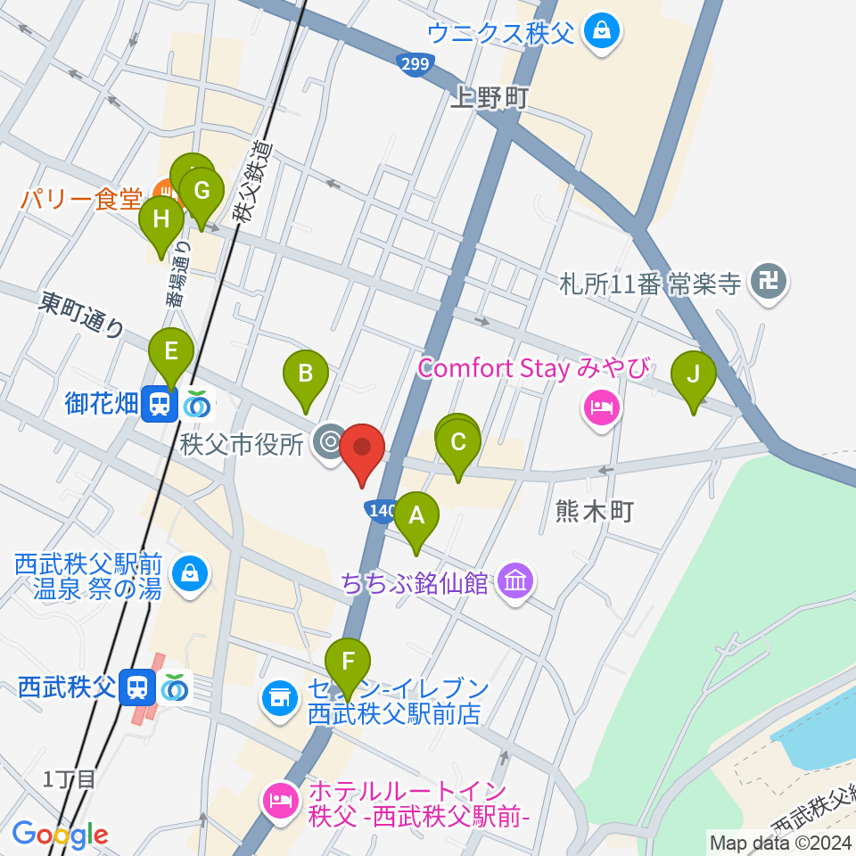 秩父宮記念市民会館周辺のカフェ一覧地図