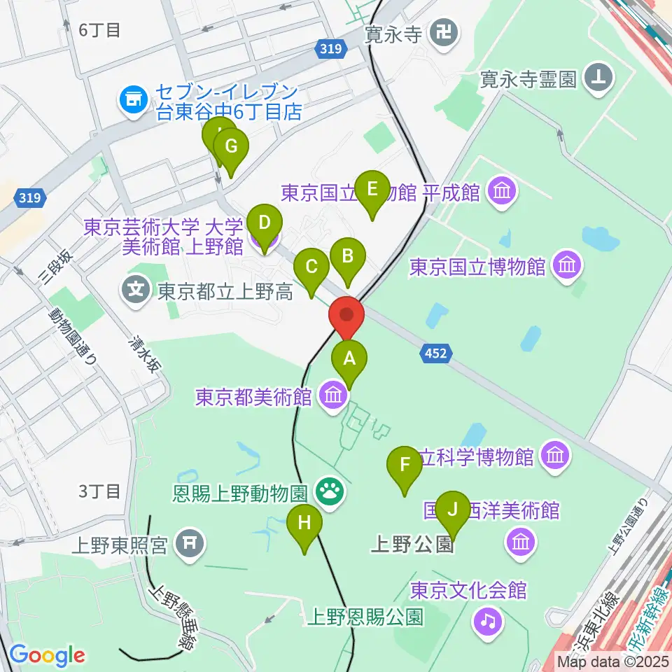 旧東京音楽学校奏楽堂周辺のカフェ一覧地図