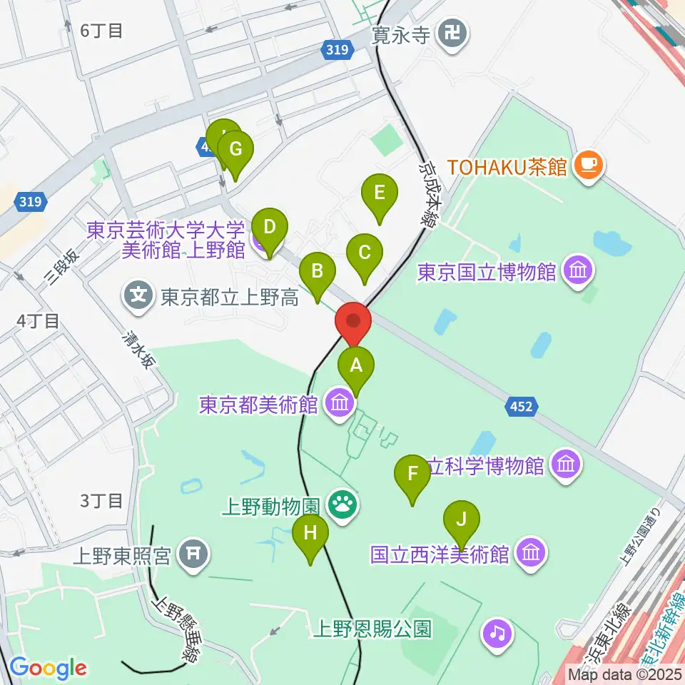 旧東京音楽学校奏楽堂周辺のカフェ一覧地図