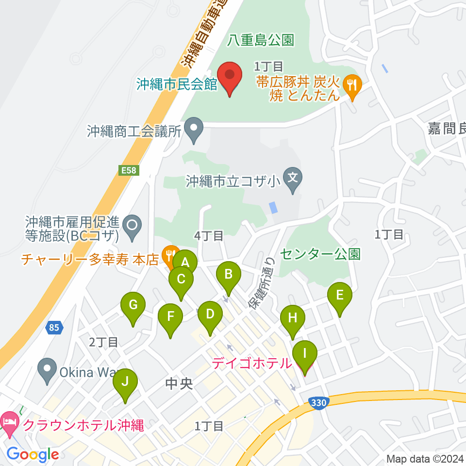 沖縄市民会館周辺のホテル一覧地図