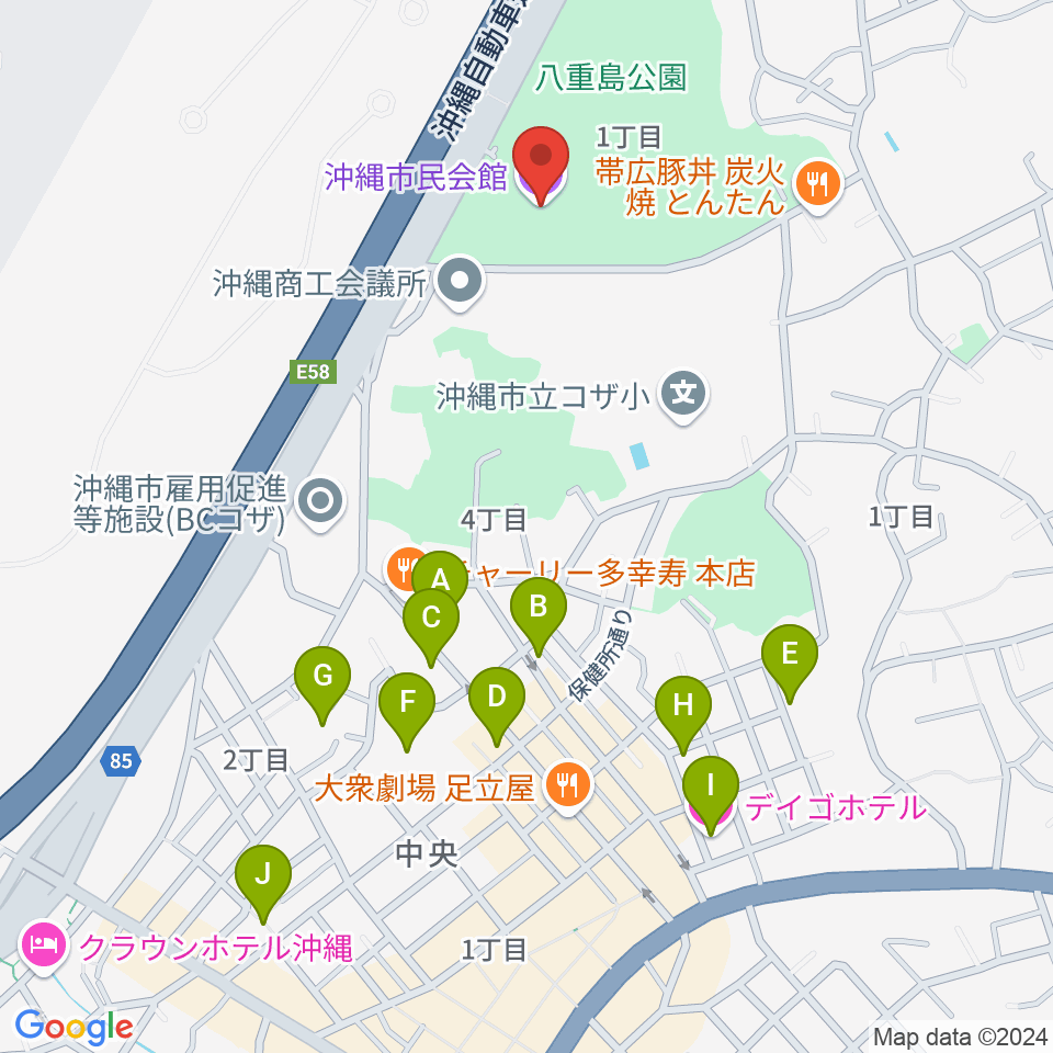 沖縄市民会館周辺のホテル一覧地図