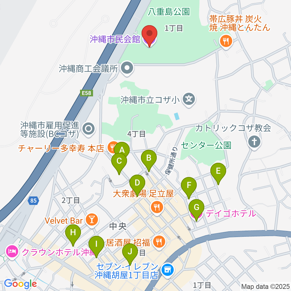 沖縄市民会館周辺のホテル一覧地図