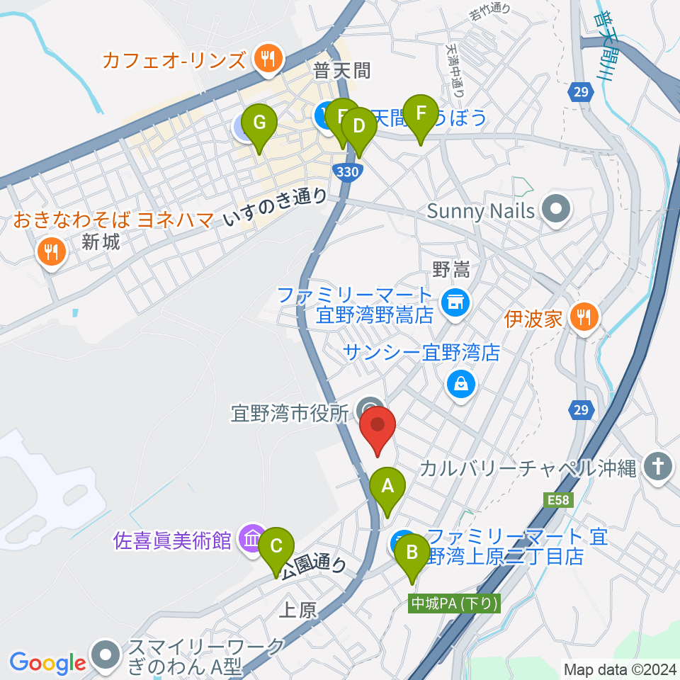 宜野湾市民会館周辺のホテル一覧地図