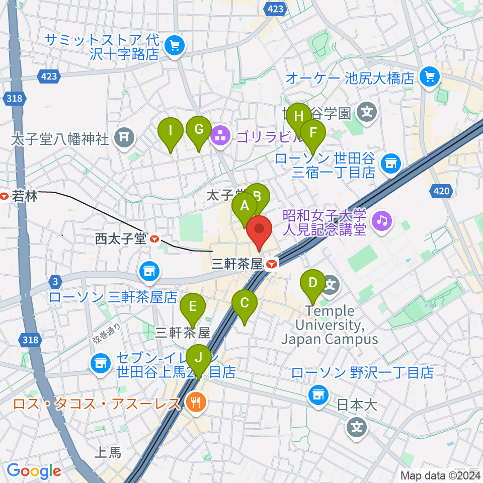 太子堂楽器店周辺のホテル一覧地図