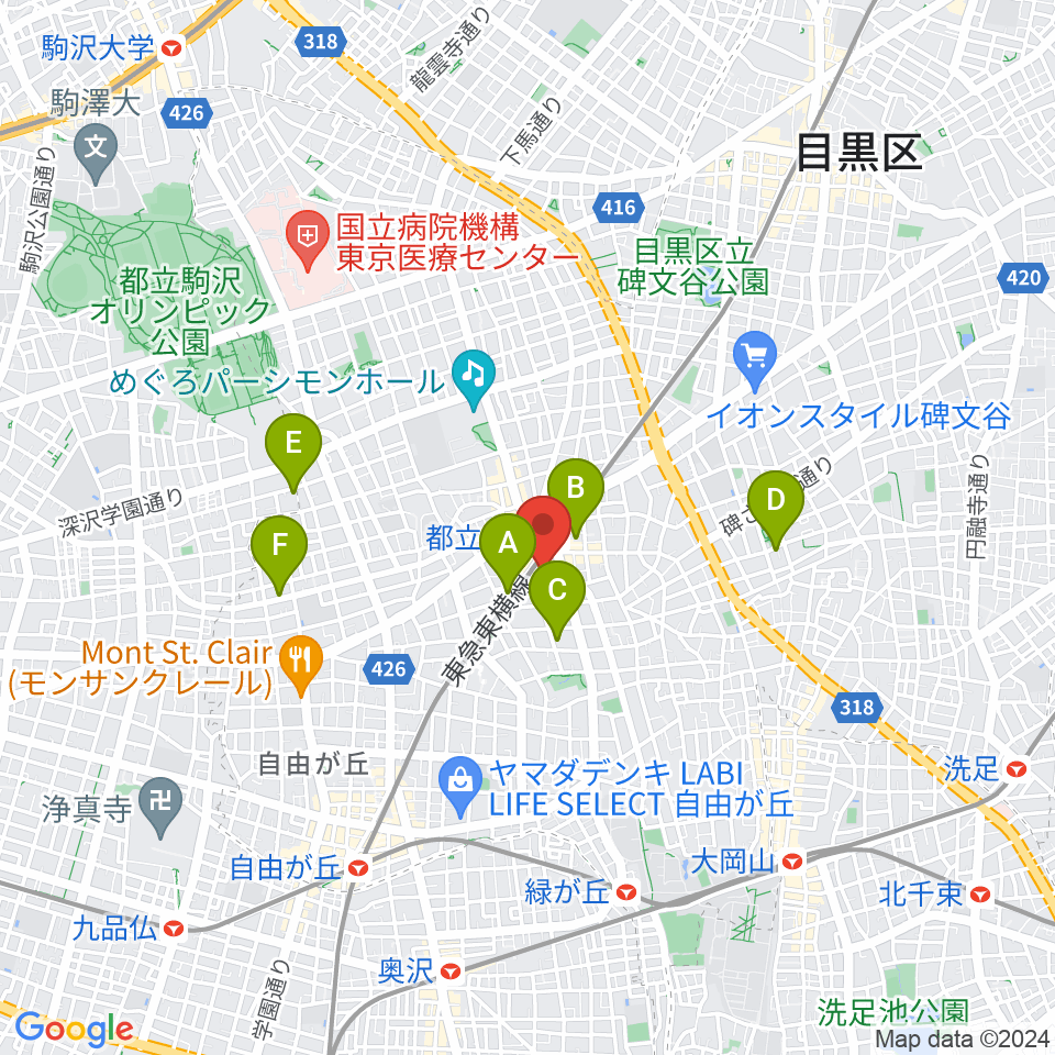 宮地楽器 都立大（目黒）センター周辺のホテル一覧地図