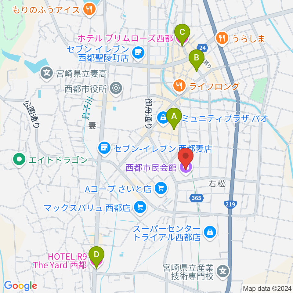 西都市民会館周辺のホテル一覧地図