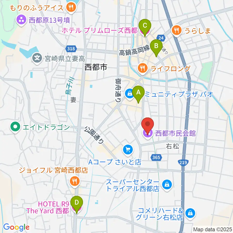 西都市民会館周辺のホテル一覧地図