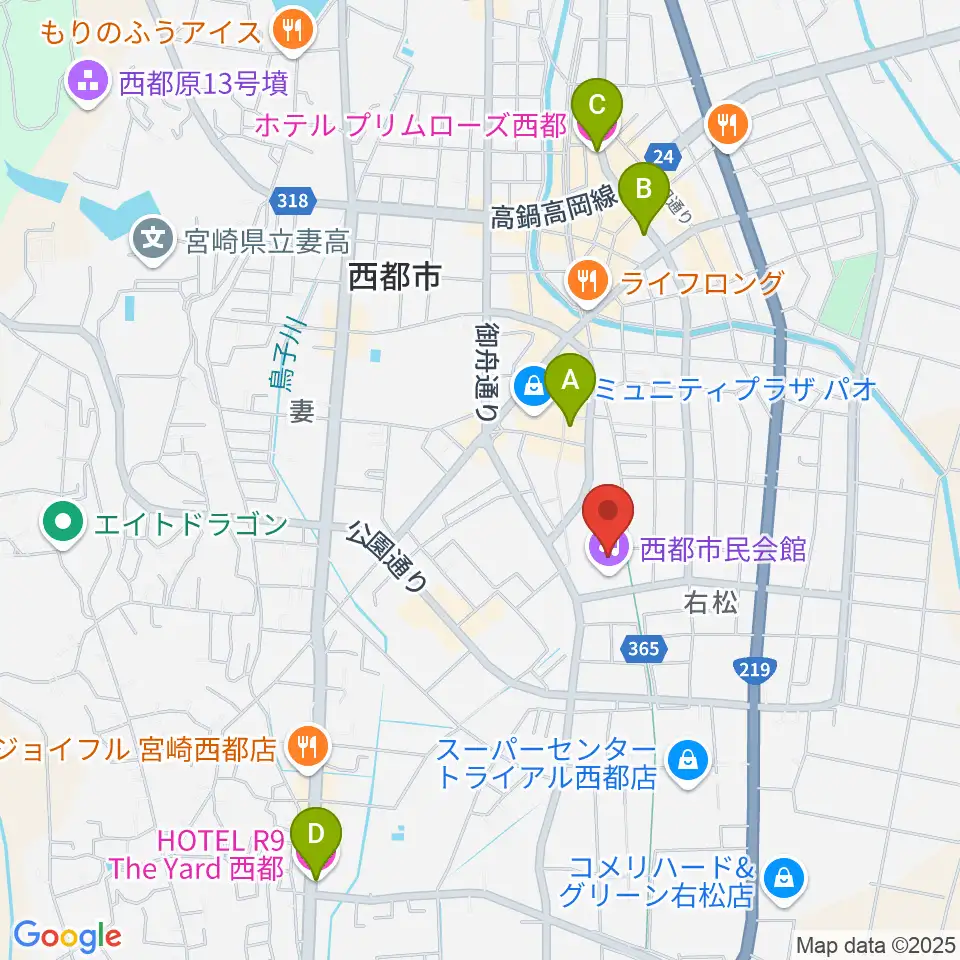 西都市民会館周辺のホテル一覧地図