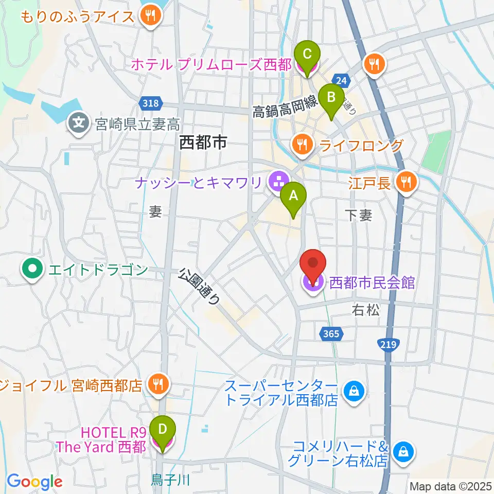 西都市民会館周辺のホテル一覧地図