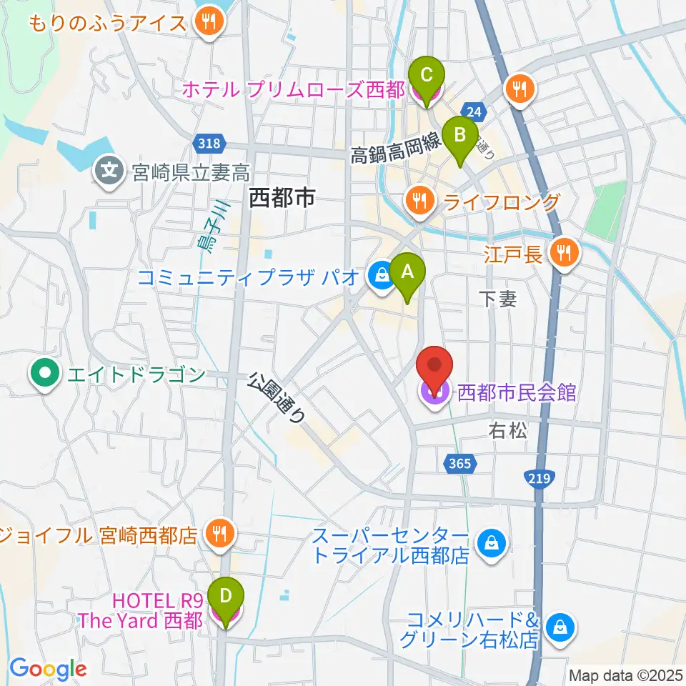 西都市民会館周辺のホテル一覧地図