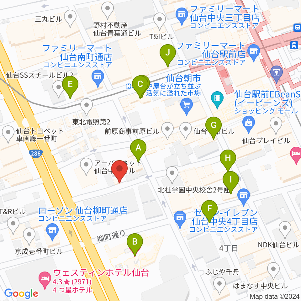 仙台中央音楽センター周辺のホテル一覧地図