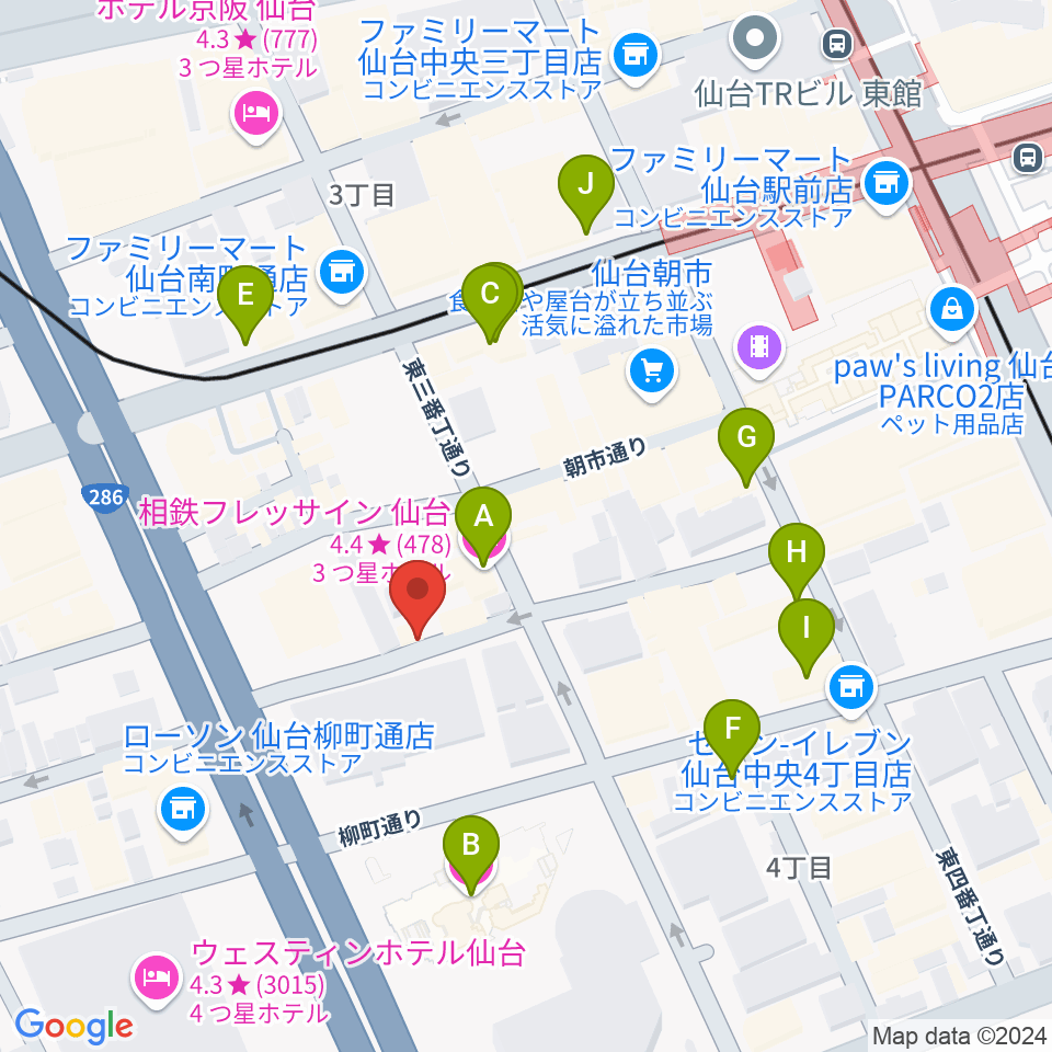 仙台中央音楽センター周辺のホテル一覧地図