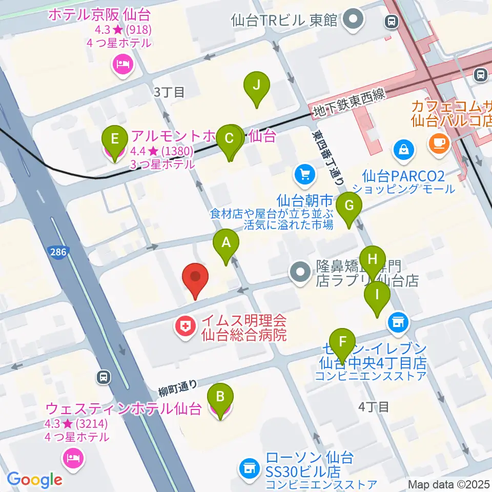 仙台中央音楽センター周辺のホテル一覧地図