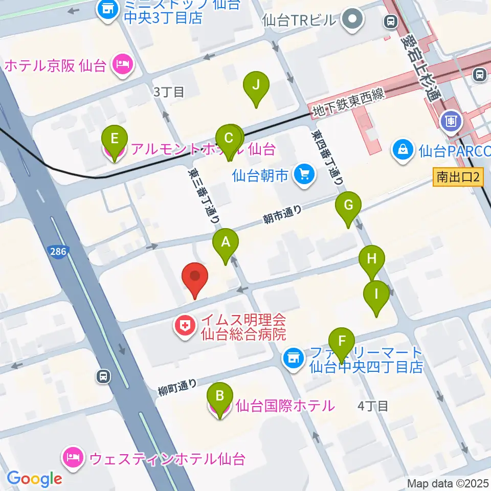 仙台中央音楽センター周辺のホテル一覧地図