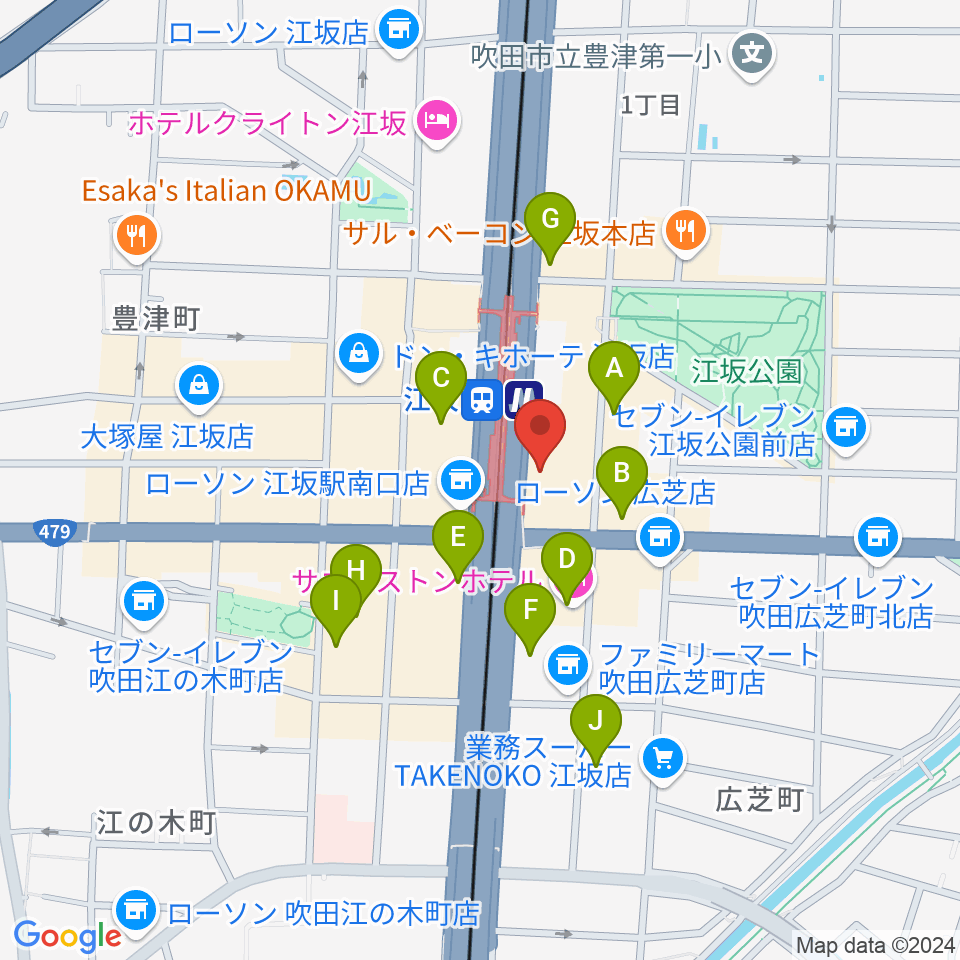 ドルフィンギターズ音楽教室 大阪江坂周辺のホテル一覧地図