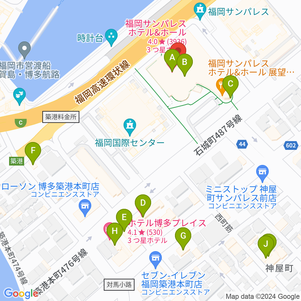 福岡サンパレス ホテル＆ホール周辺のホテル一覧地図