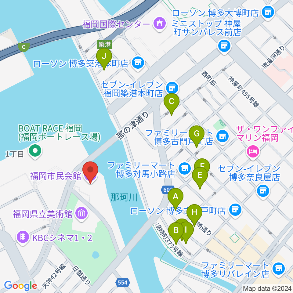 福岡市民会館周辺のホテル一覧地図