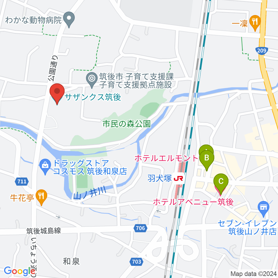 サザンクス筑後周辺のホテル一覧地図