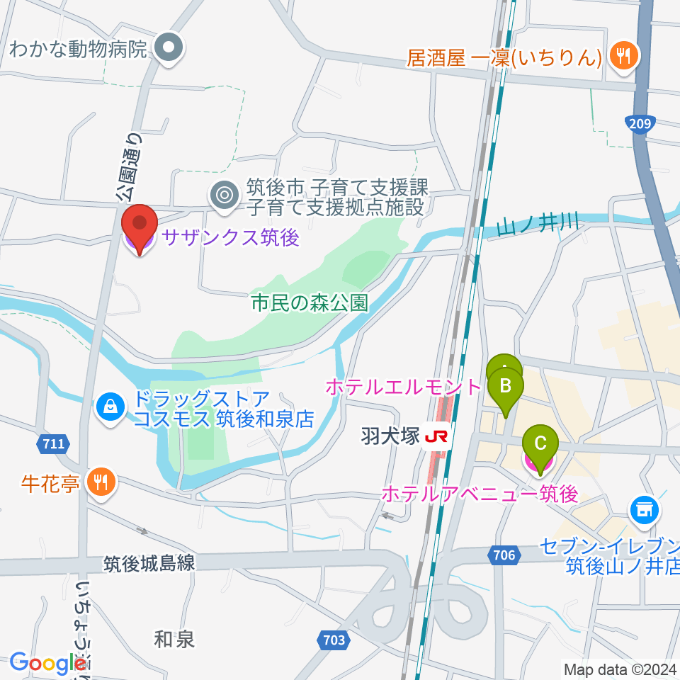 サザンクス筑後周辺のホテル一覧地図