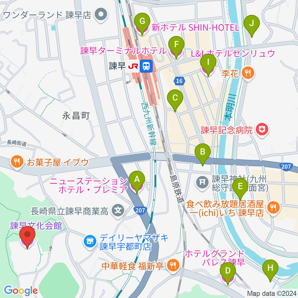 諫早文化会館周辺のホテル一覧地図