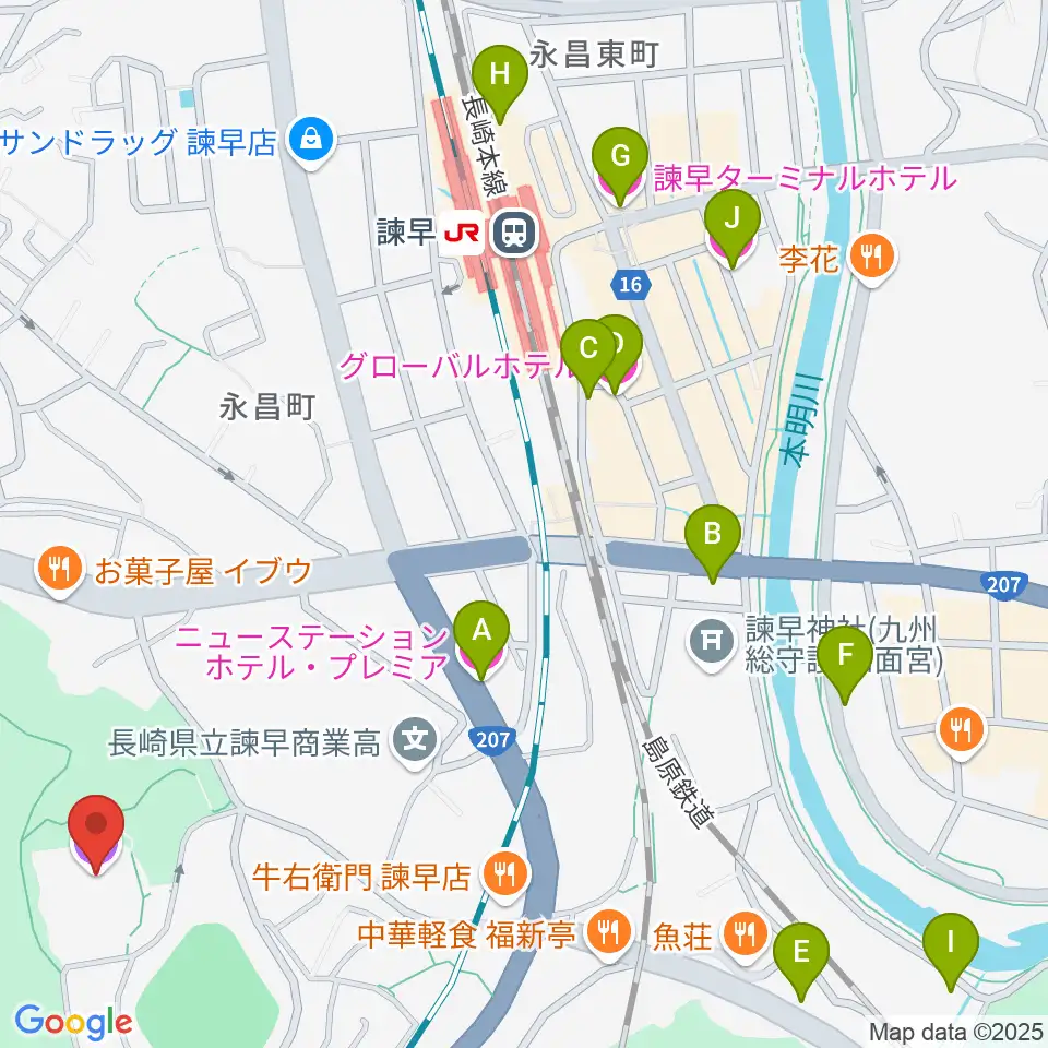 諫早文化会館周辺のホテル一覧地図