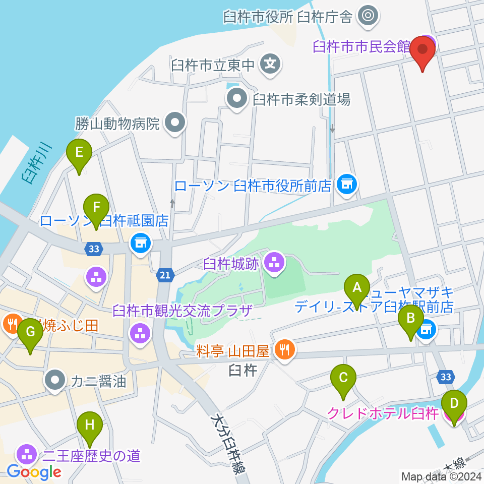 臼杵市民会館周辺のホテル一覧地図