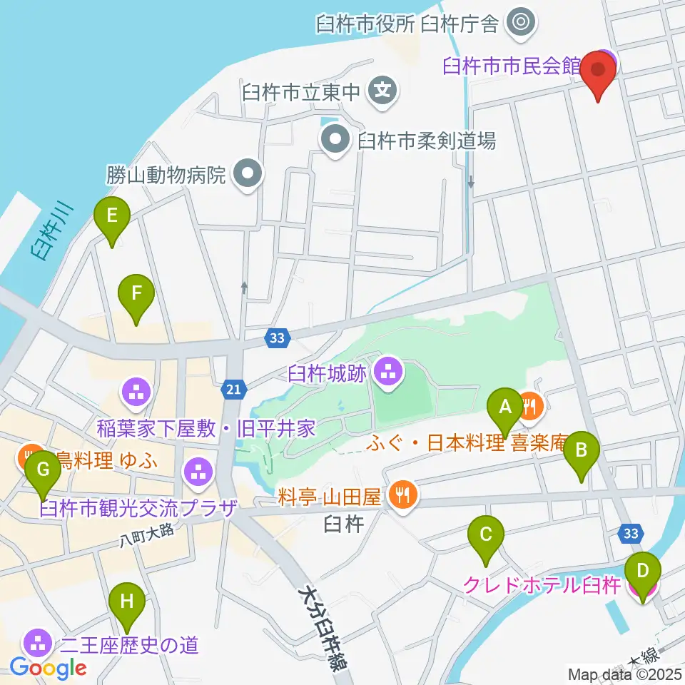 臼杵市民会館周辺のホテル一覧地図