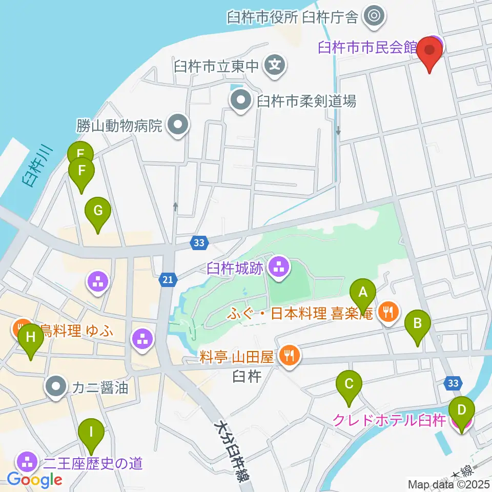 臼杵市民会館周辺のホテル一覧地図