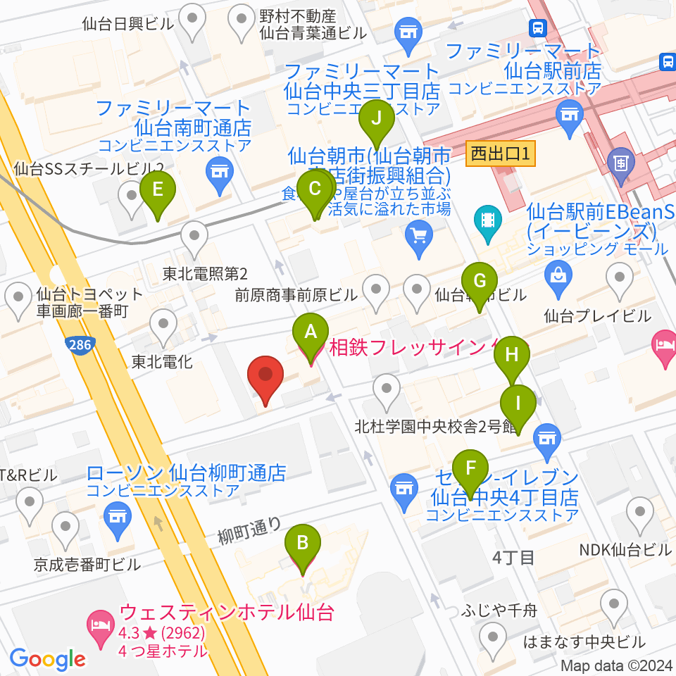 仙台中央音楽センター 音楽教室周辺のホテル一覧地図