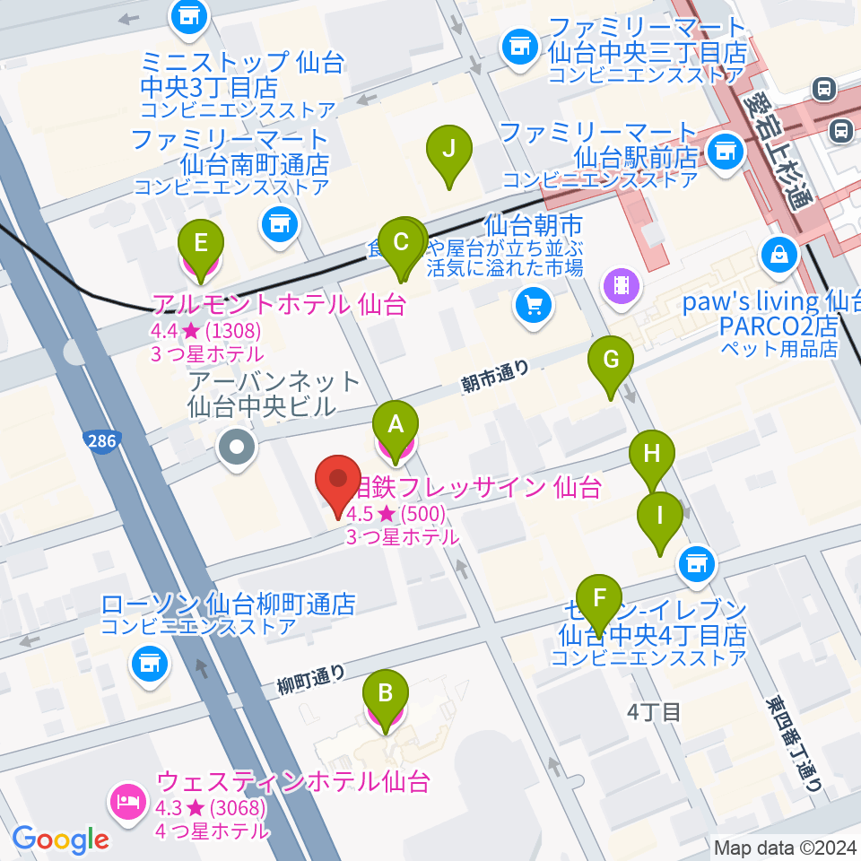 仙台中央音楽センター 音楽教室周辺のホテル一覧地図