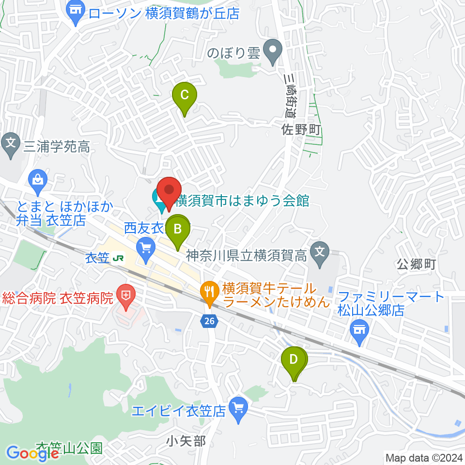 横須賀市はまゆう会館周辺のホテル一覧地図