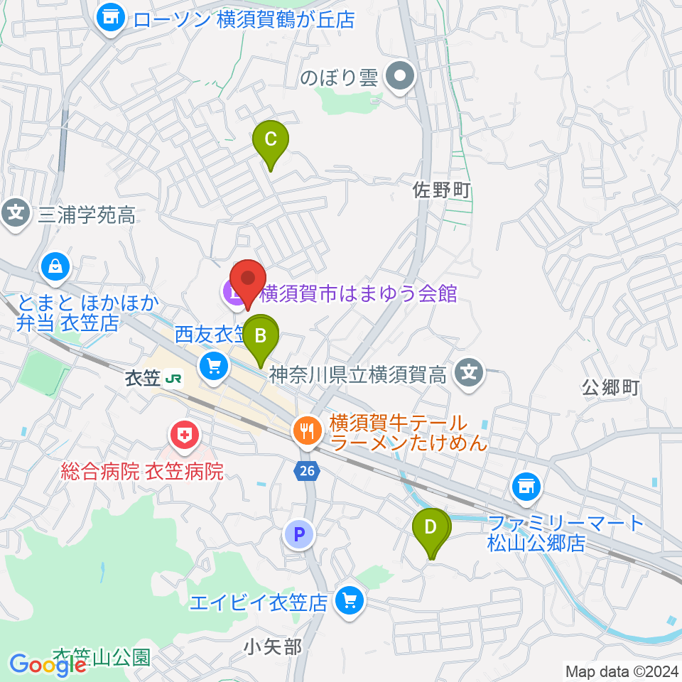 横須賀市はまゆう会館周辺のホテル一覧地図