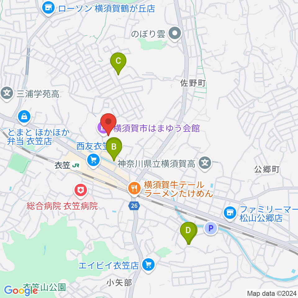 横須賀市はまゆう会館周辺のホテル一覧地図