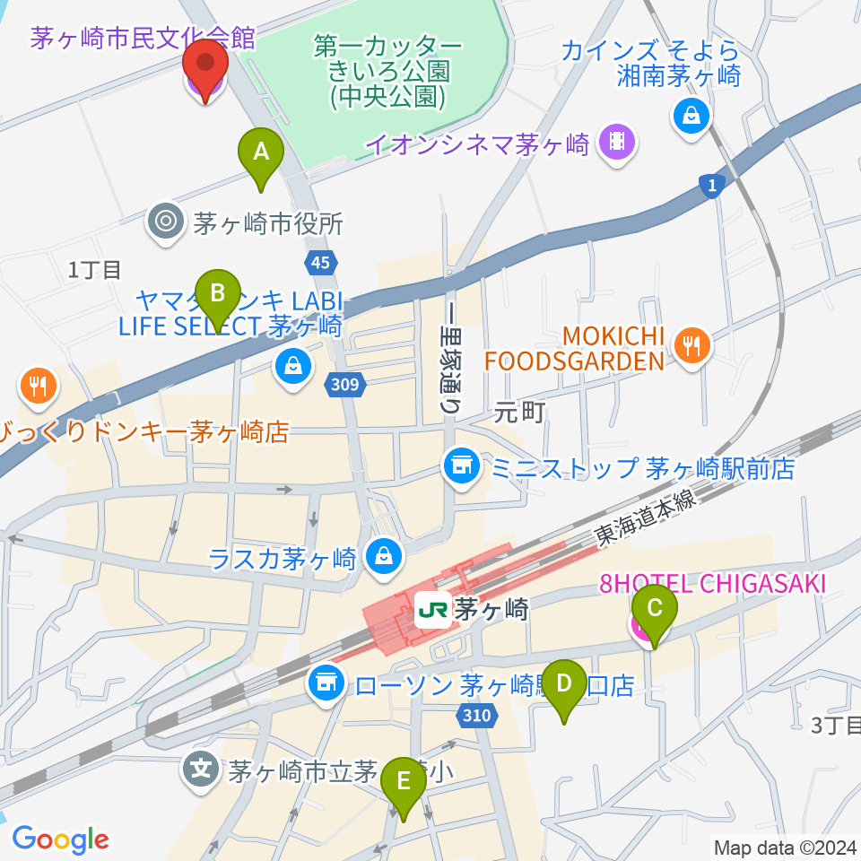 茅ヶ崎市民文化会館周辺のホテル一覧地図