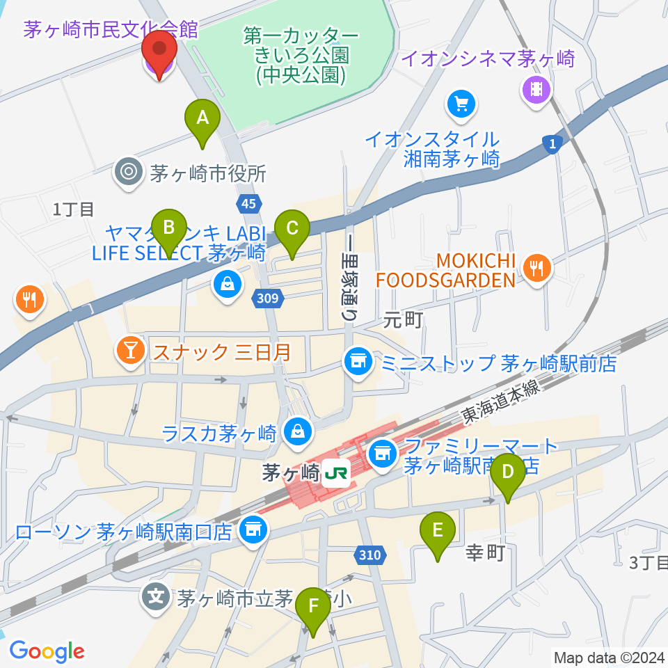 茅ヶ崎市民文化会館周辺のホテル一覧地図