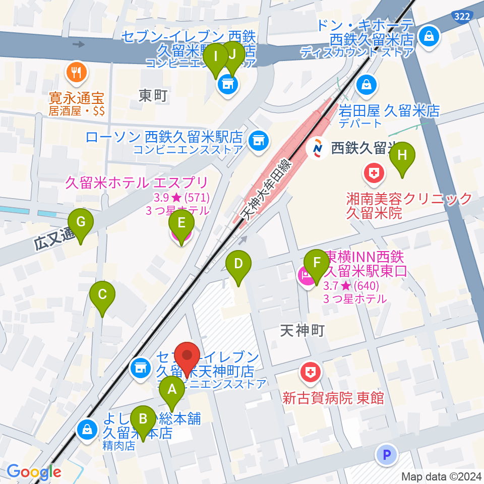 木下楽器店クルメセンター周辺のホテル一覧地図