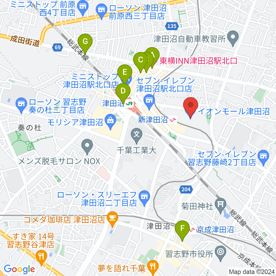 伊藤楽器 津田沼センター周辺のホテル一覧地図