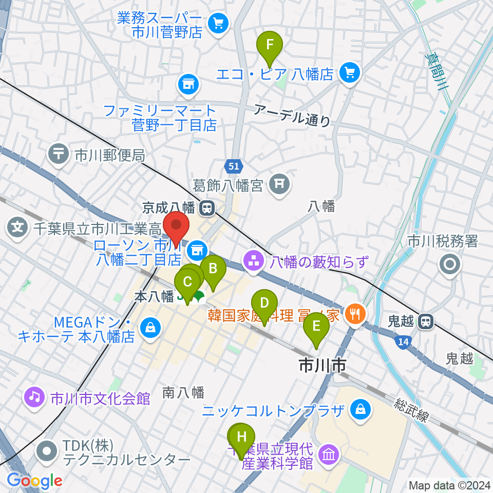 島村楽器 ミュージックサロン本八幡周辺のホテル一覧地図