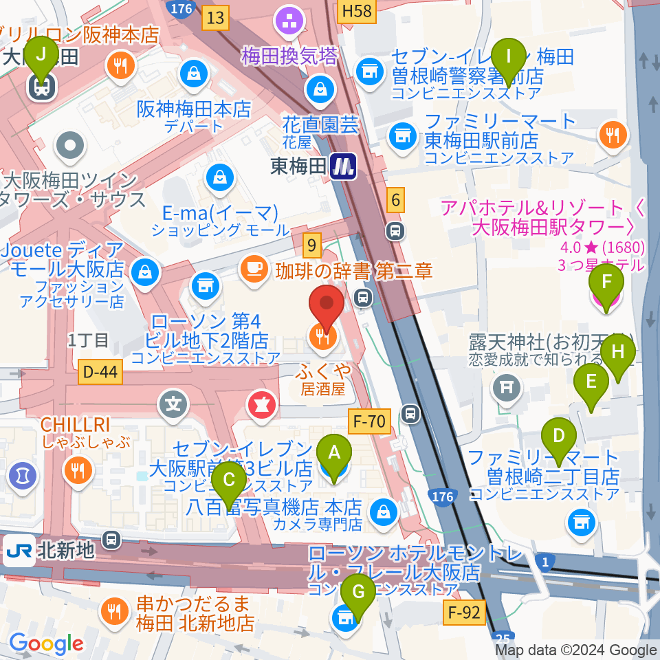 クロサワバイオリン大阪梅田店周辺のホテル一覧地図