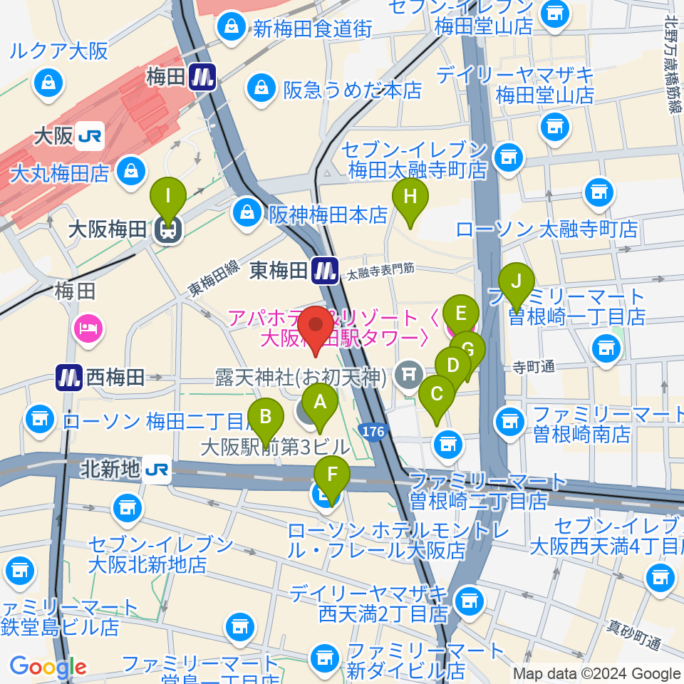 クロサワバイオリン大阪梅田店周辺のホテル一覧地図