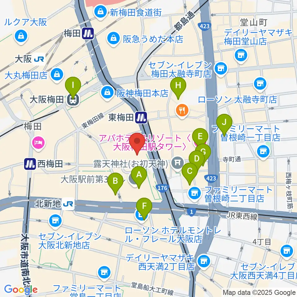 クロサワバイオリン大阪梅田店周辺のホテル一覧地図